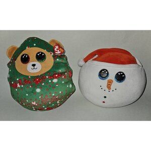 2 TY Squishy Beanies Plush Lot Everett Christmas Tree Flurry Snowman